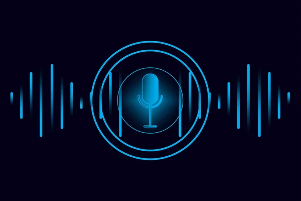 Microphone podcast wave. Black background. Blue waves. Audio communication concept. Vector illustration. Stock image. — Stock Vector