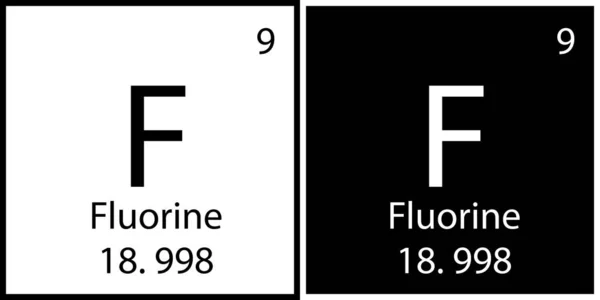 Symbole fluor. Numéro atomique. Carré blanc noir. Tableau périodique. Élément chimique. Illustration vectorielle. Image de stock. — Image vectorielle