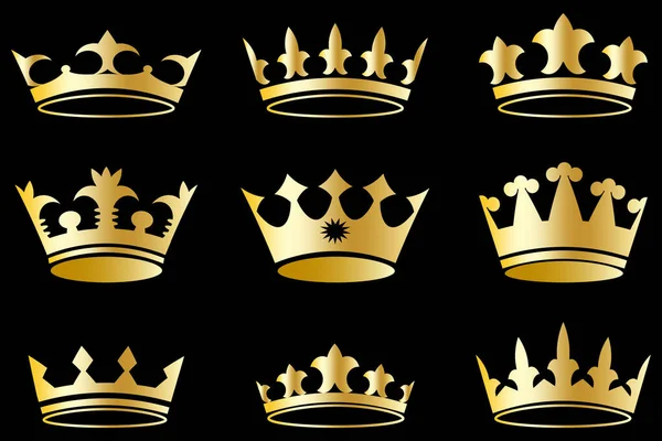 Collezione Crowns. Fondo nero. Icona d'oro. Logo art. Disegnato a mano. Design moderno. Illustrazione vettoriale. Immagine stock. — Vettoriale Stock