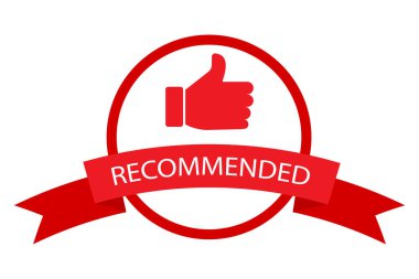 Parmak yukarı ikonu. En iyi amblem. Tavsiye edilen sembol. Pazarlama konsepti. Kırmızı element. Vektör çizimi. Resim yükle. 