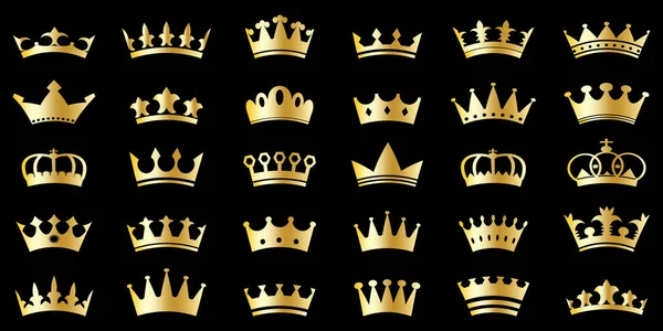 王冠がたくさんある。ロゴアート。モダンなデザイン。黄金のサインだ。黒の背景。手描き。ベクトルイラスト。ストック画像. — ストックベクタ