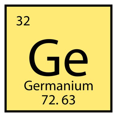 Germanyum kimyasal sembolü. İzole edilmiş bir ikon. Periyodik tablo ögesi. Sarı arka plan. Vektör çizimi. Resim yükle.