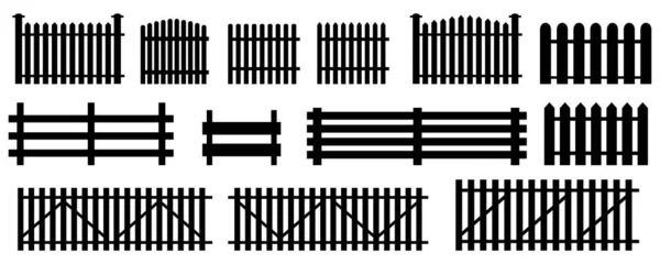 Valla silueta icono conjunto. Cobertura de madera. Efecto contorno. Seguridad en el hogar. Sombra negra. Ilustración vectorial. Imagen de stock. — Archivo Imágenes Vectoriales