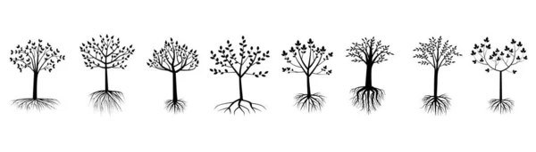 Árbol con raíces establecidas. Efecto silueta. Símbolo decorativo. Arte del logotipo. Fondo de la naturaleza. Ilustración vectorial. Imagen de stock. — Vector de stock