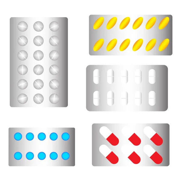 Pills in blister set. Medicine healthcare. Colored elements. Pharmaceutical background. Vector illustration. Stock image. — стоковый вектор