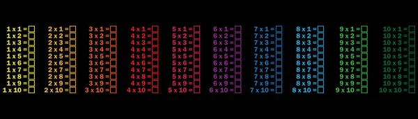 Multiplication table. Colored sign. Education concept. Study process. Black background. Vector illustration. Stock image. — Stock vektor