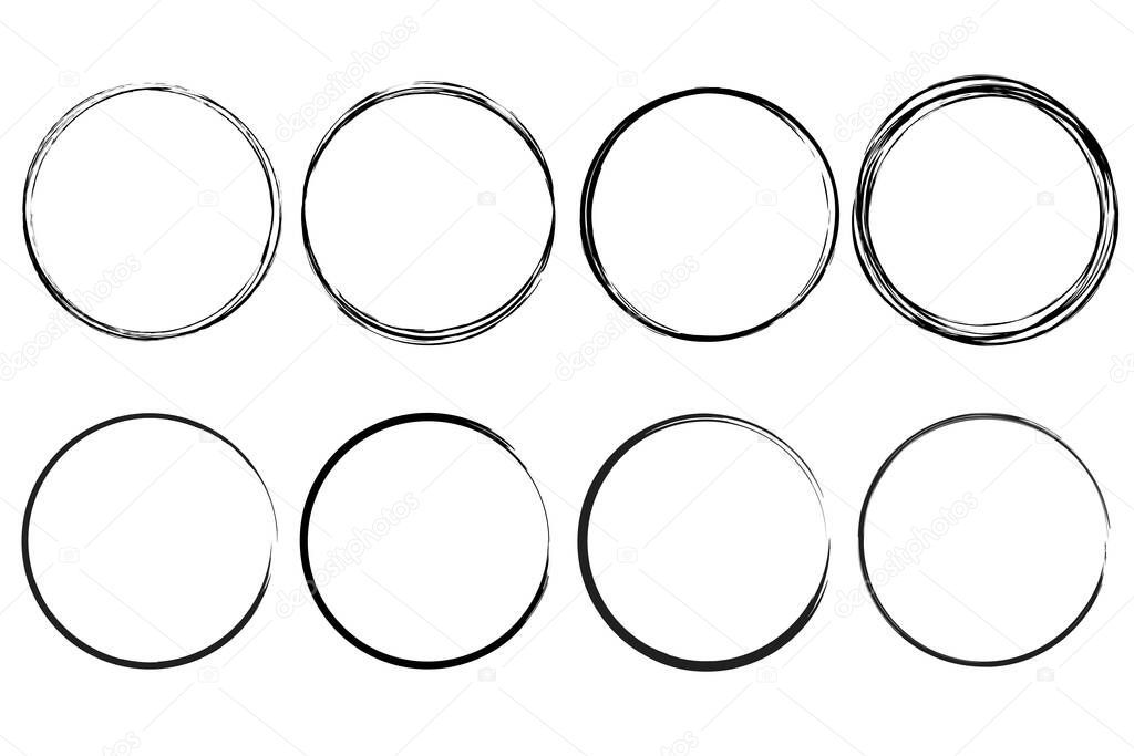 Grunge circle frames icon set. Outline ink art. Creative design. Hand drawn picture. Vector illustration. Stock image.