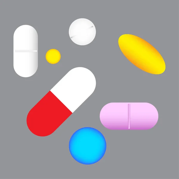 Píldoras símbolos. Elementos de colores. Signo de medicina. Idea farmacéutica. Fondo oscuro. Ilustración vectorial. Imagen de stock. — Vector de stock