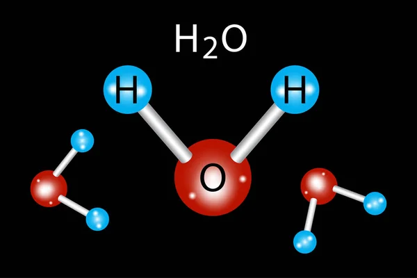 Formula scheletrica d'acqua. Struttura molecolare H2O. Concetto scientifico. Fondo nero. Illustrazione vettoriale. Immagine stock. — Vettoriale Stock
