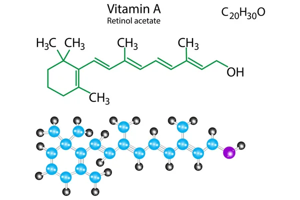 Struttura molecolare della vitamina A. Formula scheletrica dell'acetato di retinolo. Concetto scientifico. Illustrazione vettoriale. Immagine stock. — Vettoriale Stock