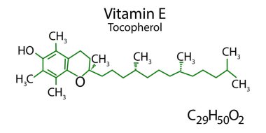 Tocopherol iskelet formülü. E vitamini moleküler yapısı. Bilimsel geçmiş. Vektör çizimi. Resim yükle.