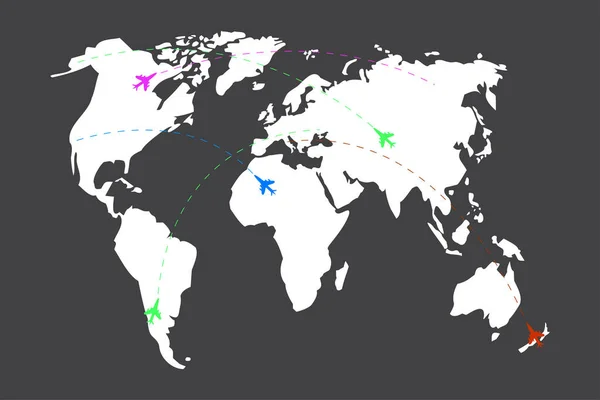 有飞机标志的世界地图。路线图标。创意旅行的概念。黑色背景。矢量图解。股票形象. — 图库矢量图片