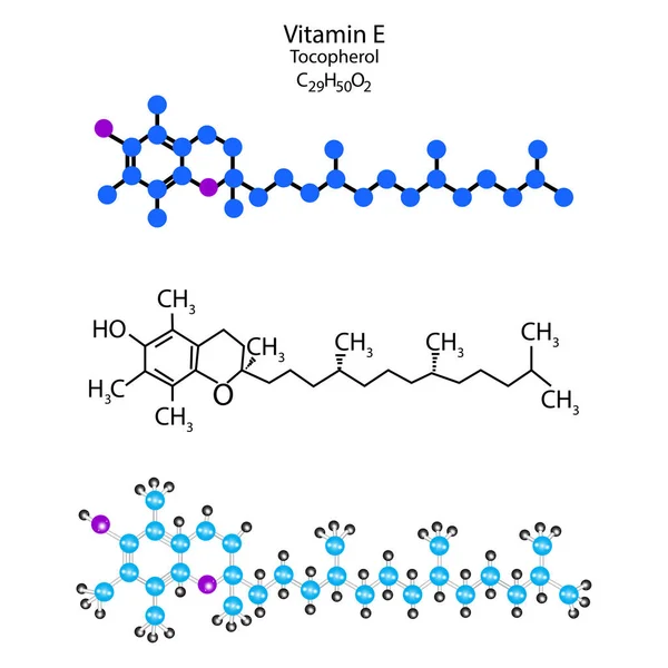 Struttura molecolare della vitamina E. Formula scheletrica di tocoferolo. Esperienza scientifica. Illustrazione vettoriale. Immagine stock. — Vettoriale Stock