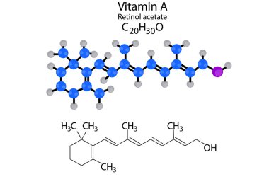 Retinol asetat iskelet formülü. A vitamini molekül yapısı. Bilimsel bir kavram. Vektör çizimi. Resim yükle.