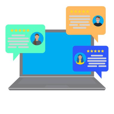 Kullanıcı geri besleme simgesi. Laptop sembolü. Değerlendirme müşterisi. Çevrimiçi inceleme işareti. Sosyal mesaj. Vektör çizimi. Resim yükle. 