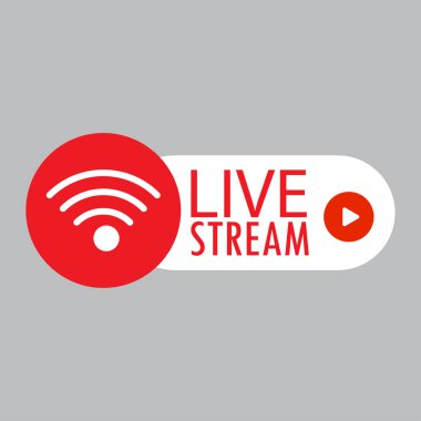 Canlı yayın işareti. Yayın logosu. Düğme sembolü. Teknoloji konsepti. Leylak arkaplan. Vektör çizimi. Resim yükle. 