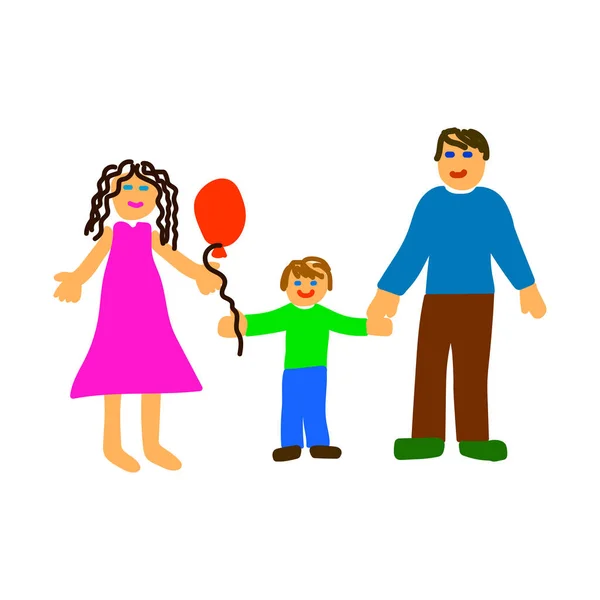 Οικογενειακή φωτογραφία παιδιού. Ζωγραφική χεριών. Έγχρωμη πινακίδα. Κάρτα κινουμένων σχεδίων. Καλλιτεχνικό υπόβαθρο. Εικονογράφηση διανύσματος. Εικόνα αρχείου. — Διανυσματικό Αρχείο