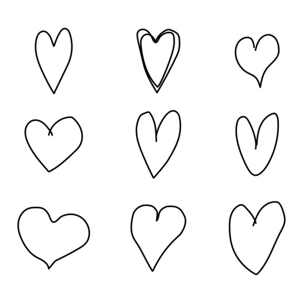Conjunto de corazones grunge negros. Símbolos de amor. Boceto de Doodle. Estilo de dibujos animados. Concepto romántico. Ilustración vectorial. Imagen de stock. — Vector de stock