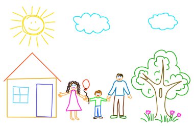 Aile fotoğrafı. Çizgi film kartı. El çizimi. Renkli işaret. Sanatsal arka plan. Vektör çizimi. Resim yükle.