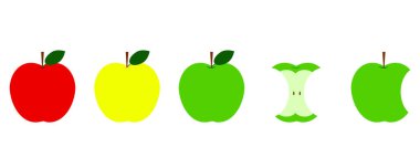 Elma düz stil. Elmanın farklı halleri. Sağlıklı gıda seti. Vektör çizimi. depolama resmi. 