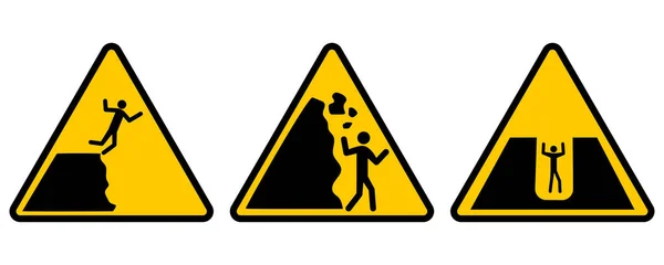 警告標識岩崖。黄色の警告標識のセット。ベクトルイラスト。ストック画像. — ストックベクタ