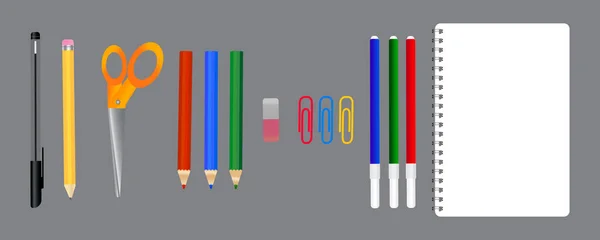 Schreibwaren für Schule und Arbeit. Sammlung von Schulsymbolen. Schreibtischveranstalter. Vektorillustration. Archivbild. — Stockvektor