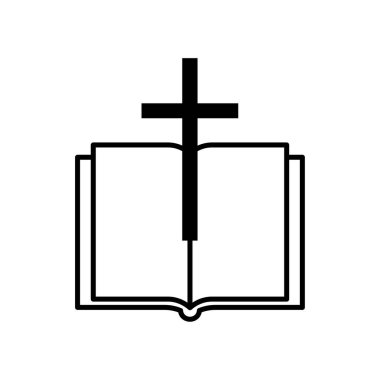 Siyah açık kitap haçı. Haçlı dini bir kitap. İncil sembolü. Vektör çizimi. depolama resmi. 