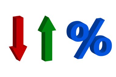 3D simge, ok yüzde işareti. Yüzde işareti. Yüzde, indirim, satış, terfi konsepti. Vektör çizimi. depolama resmi.