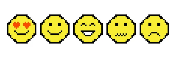 Amarelo smileys pixel em estilo retro no fundo branco. Cara feliz. Ilustração vetorial. imagem de estoque. — Vetor de Stock