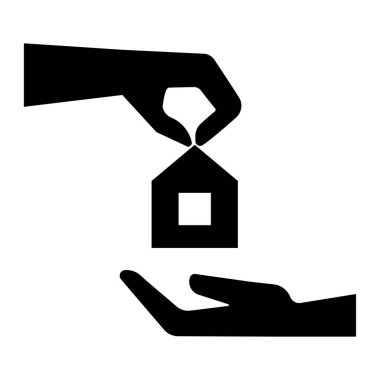 Karikatür evi ikonu elinde. Güvenli finans yatırımı. Emlak, ipotek, kredi konsepti. Vektör çizimi. depolama resmi. 