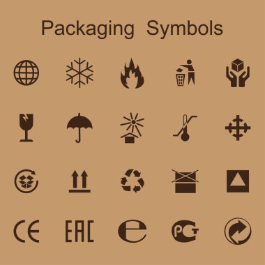 Paketleme seti için simgeler. Ürün ambalajı sembolleri. Paketleme için bilgi simgeleri. Vektör çizimi. depolama resmi. 