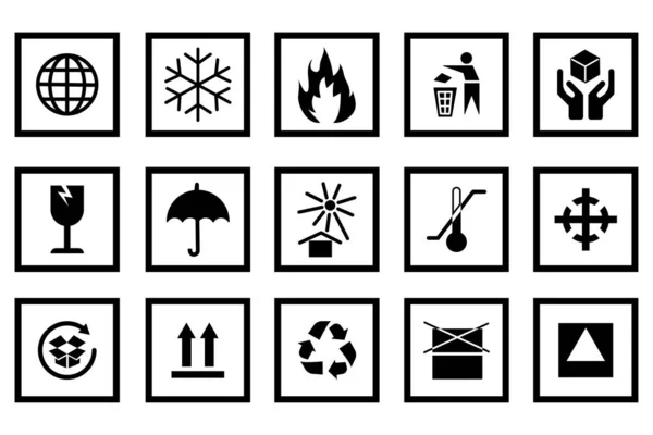 Icons for packaging set. Symbols for product packaging. Information icons for packaging. Vector illustration. stock image. — Archivo Imágenes Vectoriales