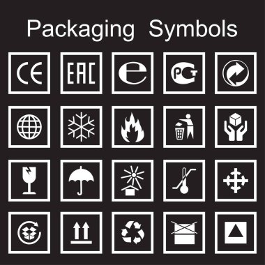 Paketleme seti için simgeler. Ürün ambalajı sembolleri. Paketleme için bilgi simgeleri. Vektör çizimi. depolama resmi.