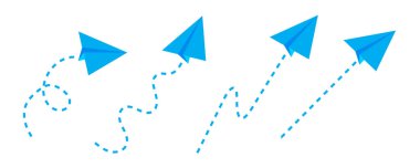 Mavi origami uçaklarıyla kağıt sanatı. Kağıt uçak. Seyahat konsepti. Vektör çizimi. Resim yükle. 