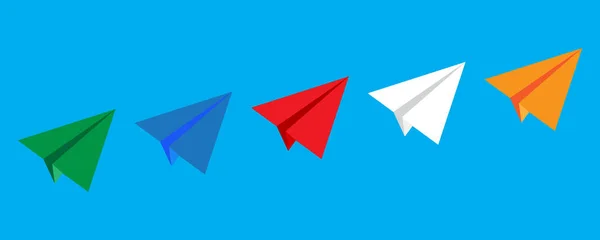 Set plano con aviones de origami de colores sobre fondo azul. Ilustración vectorial. Imagen de stock. — Archivo Imágenes Vectoriales