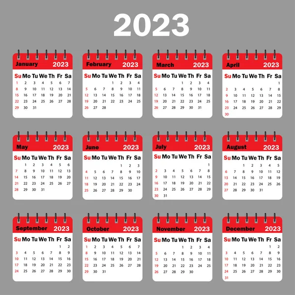 Κόκκινο ημερολόγιο 2023. Όλοι οι μήνες του 2023 στο σπιράλ. 2023 πρότυπο σχεδιασμού αριθμού. Εικονογράφηση διανύσματος. εικόνα αποθέματος. — Διανυσματικό Αρχείο