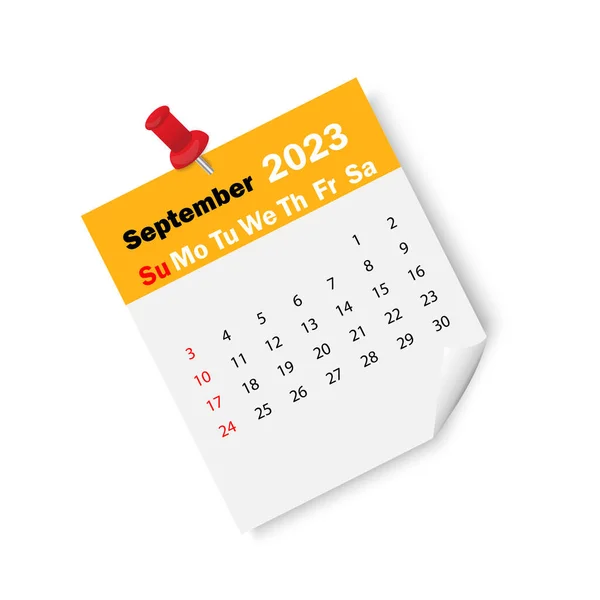 橙色日历2023年9月用别针.2023.业务计划时间表。矢量图解。股票形象. — 图库矢量图片
