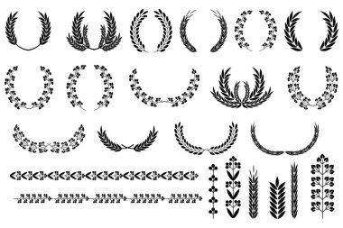 Çelenkli klasik kraliyet seti. Ödül seti. Çiçek dalı. Barış sembolü. Kazanan sertifika. Vektör çizimi. Hisse senedi. EPS 10.