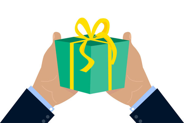 Праздник, день рождения Подарочная коробка. Подарочные руки иллюстрации. Векторная иллюстрация. Изображение акции. EPS 10.