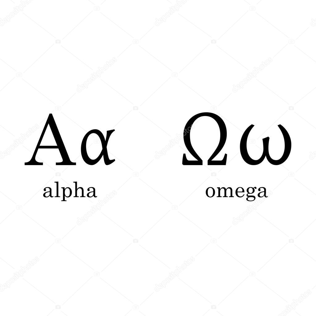 Black alpha. Black omega. Alpha and Omega. Greek alphabet. first and last letters. Vector illustration. stock image. EPS 10.
