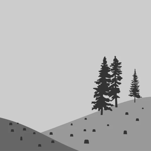 Green Christmas Trees Stumps Cut Mountains Forest Vector Illustration Stock — ストックベクタ