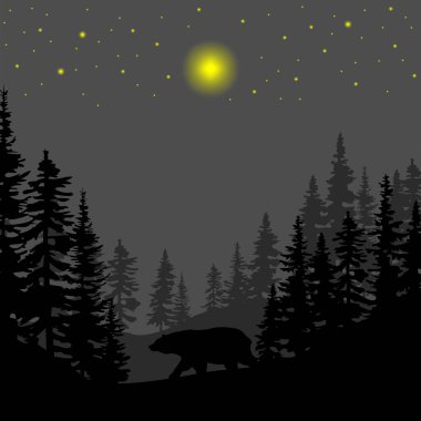night forest bear. Summer illustration. Mountains, forest. Vector illustration. stock image. EPS 10.
