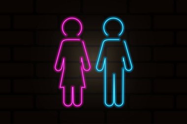 Erkek kadın neon duvar. Cinsiyet ikonu. İşaret sembolü. Vektör çizimi. Stok görüntüsü. EPS 10.