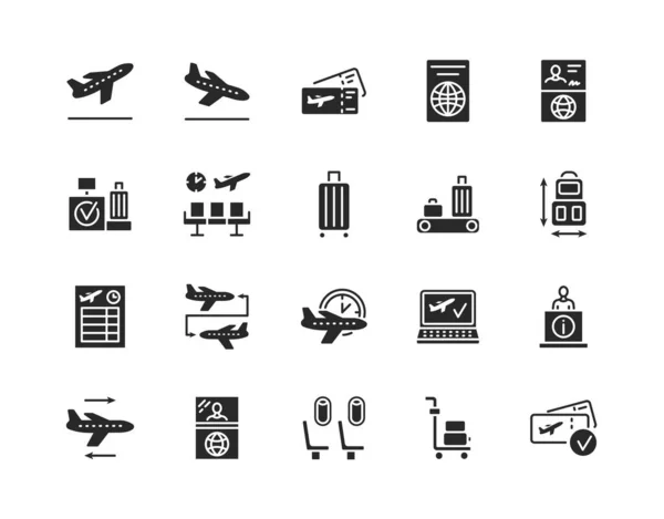Airport ikon lapos glyph készlet. Vector illusztráció tartalmazza az online foglalás, jegyek, check-in, vám és csatlakozó járat. Fekete sziluett Stock Vektor