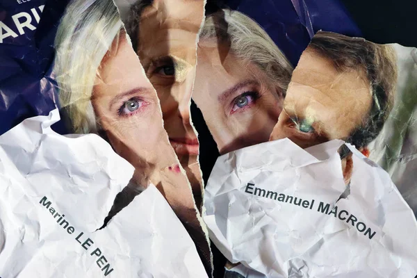 Macron, LE PEN kampanya posterlerine karşı, Fransız başkanlık seçimlerinin sonu, adayların reddi, çekimserlik, Fransız halkından iğrenme. Oy pusulaları yırtıldı, atıldı, çöpe atıldı