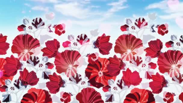 スターバーストとかなり赤い花の背景 ピンクの心の雨 母の日の背景愛の概念 — ストック動画