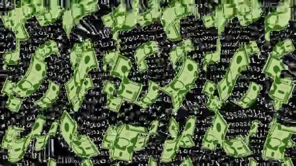 Matrix Ikili Kod Arka Planında Banknot Yağmuru Düşen Dolarlar Çevrimiçi — Stok video