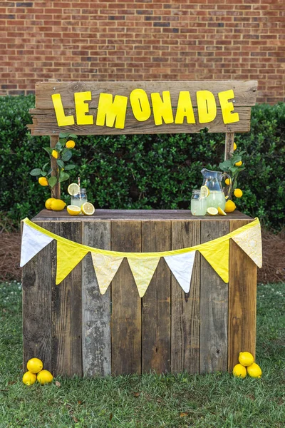 Sıcak bir yaz gününde çocukların ilk iş olarak limonata satmaya başlaması için hazırlanmış boş bir limonata standı.