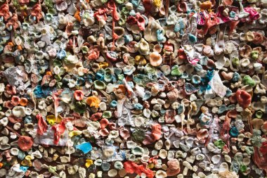 A close-up view of the famous downtown Seattle gum wall.