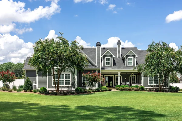 Rear View Large Gray Craftsman New Construction House Landscaped Yard — Stock Photo, Image